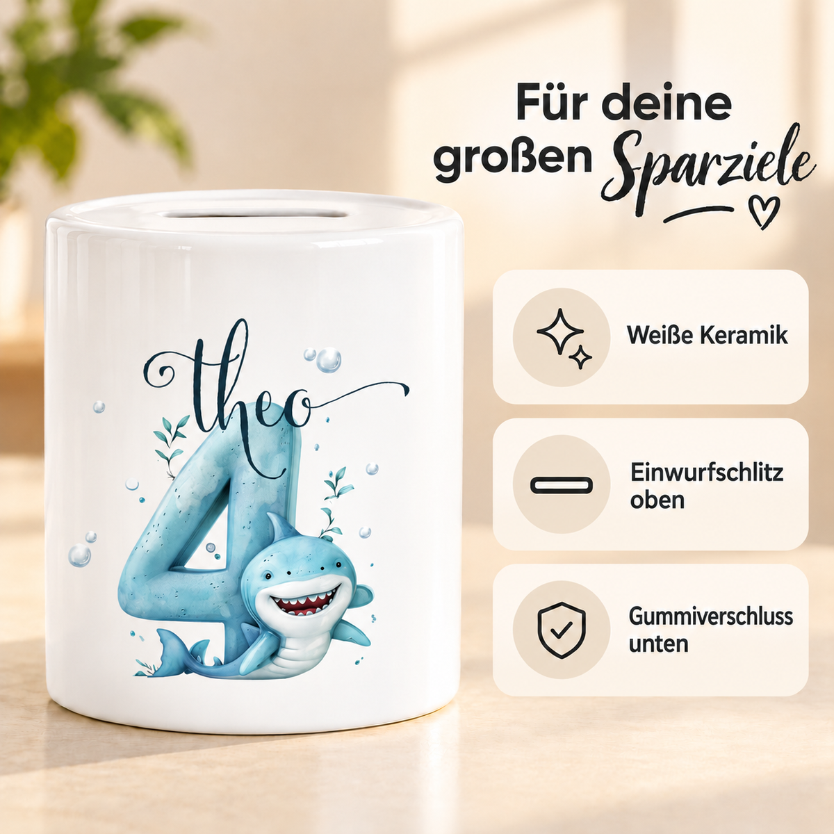 MUCKKI-PRO:6661da636d2bb858b831e59f020b555f1bdf80caab33297e5bdf32be248ba647:Spardose Geburtstag mit Wunschname Hai Zahl 1 personalisiert