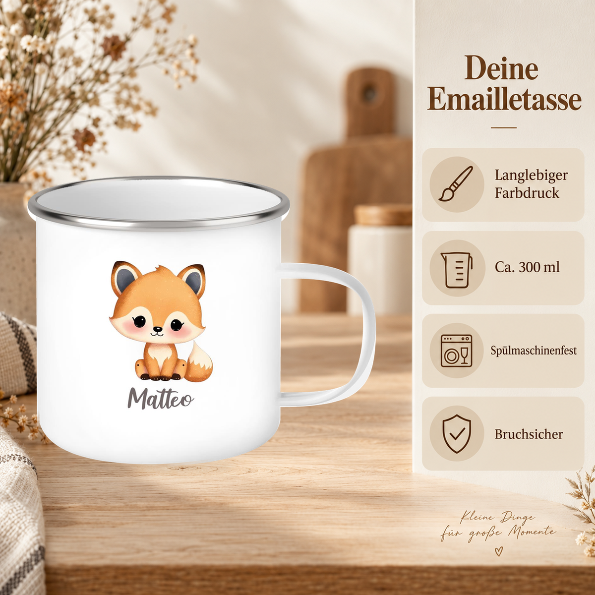MUCKKI-PRO:9854483b600c9b656eac4ac1ee9ff6ec9437dd9071bcc650d3358c50cc5c3b57:Tasse Wunschname Fuchs 1 Emaille Kinderbecher