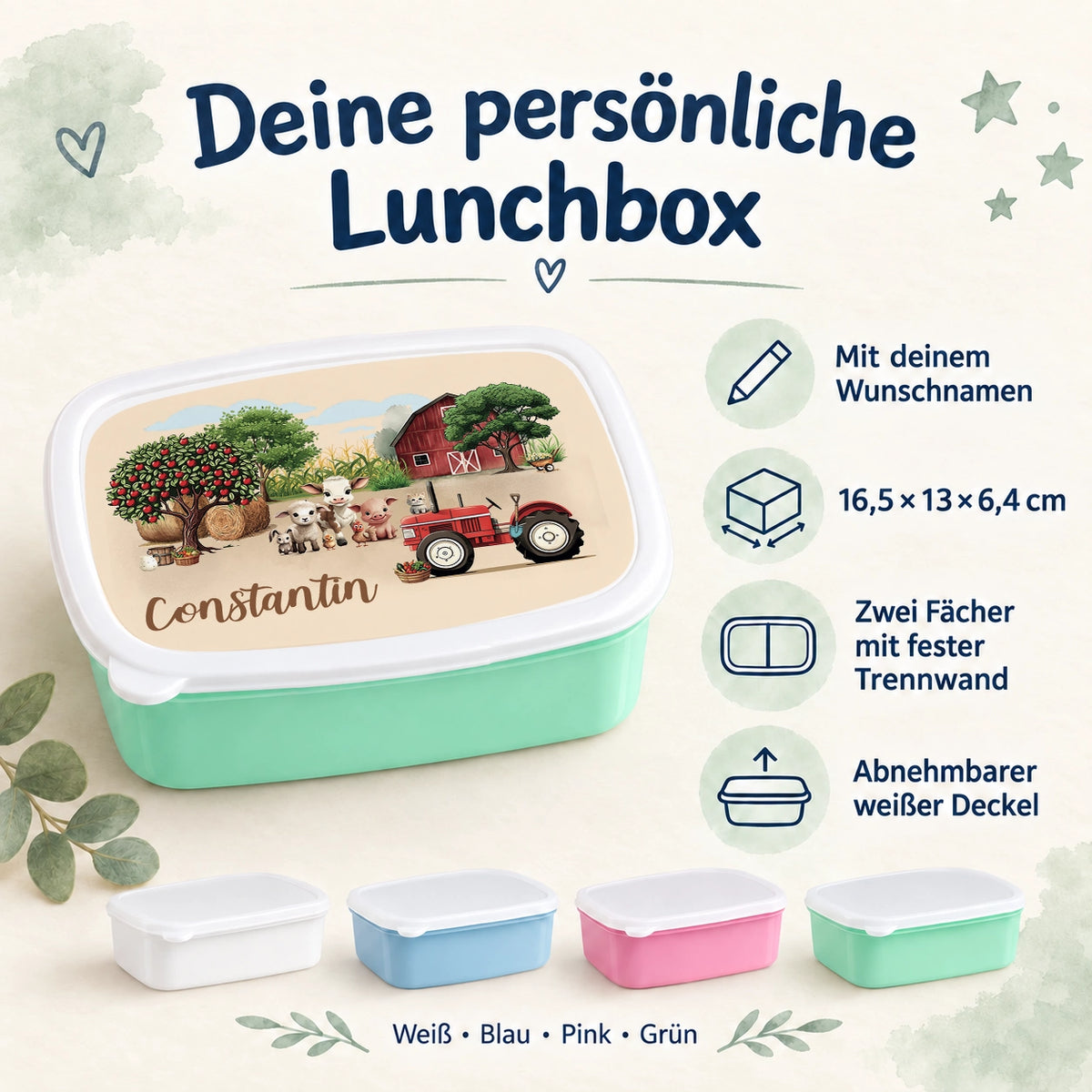 MUCKKI-PRO:e3c55a2612fa30bf7144eec95026753d07e9f4da25864d1530ed77dd219243e1:Brotdose mit Namen Bauernhof 01 – Personalisierte Lunchbox für Schule & Kindergarten versch. Farben