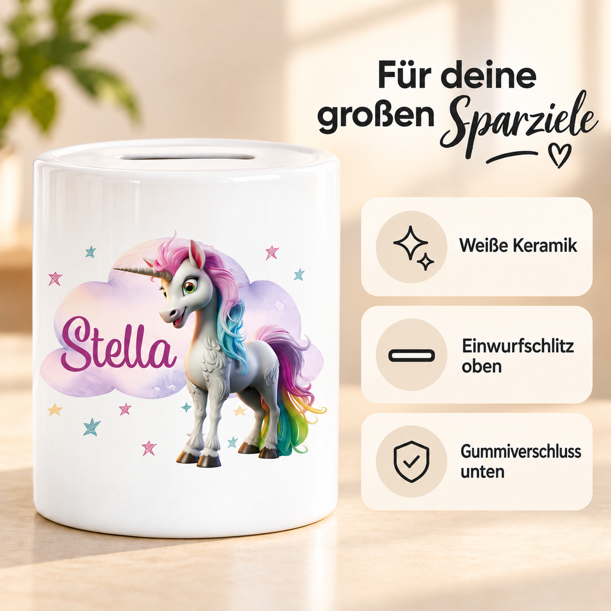 MUCKKI-PRO:8c62ad52c6ac416e56ebf1a1f201eede83d915ca9cc437d75c0bf2508a5a85bf:Spardose mit Wunschname Einhorn Wolke 4 personalisiert