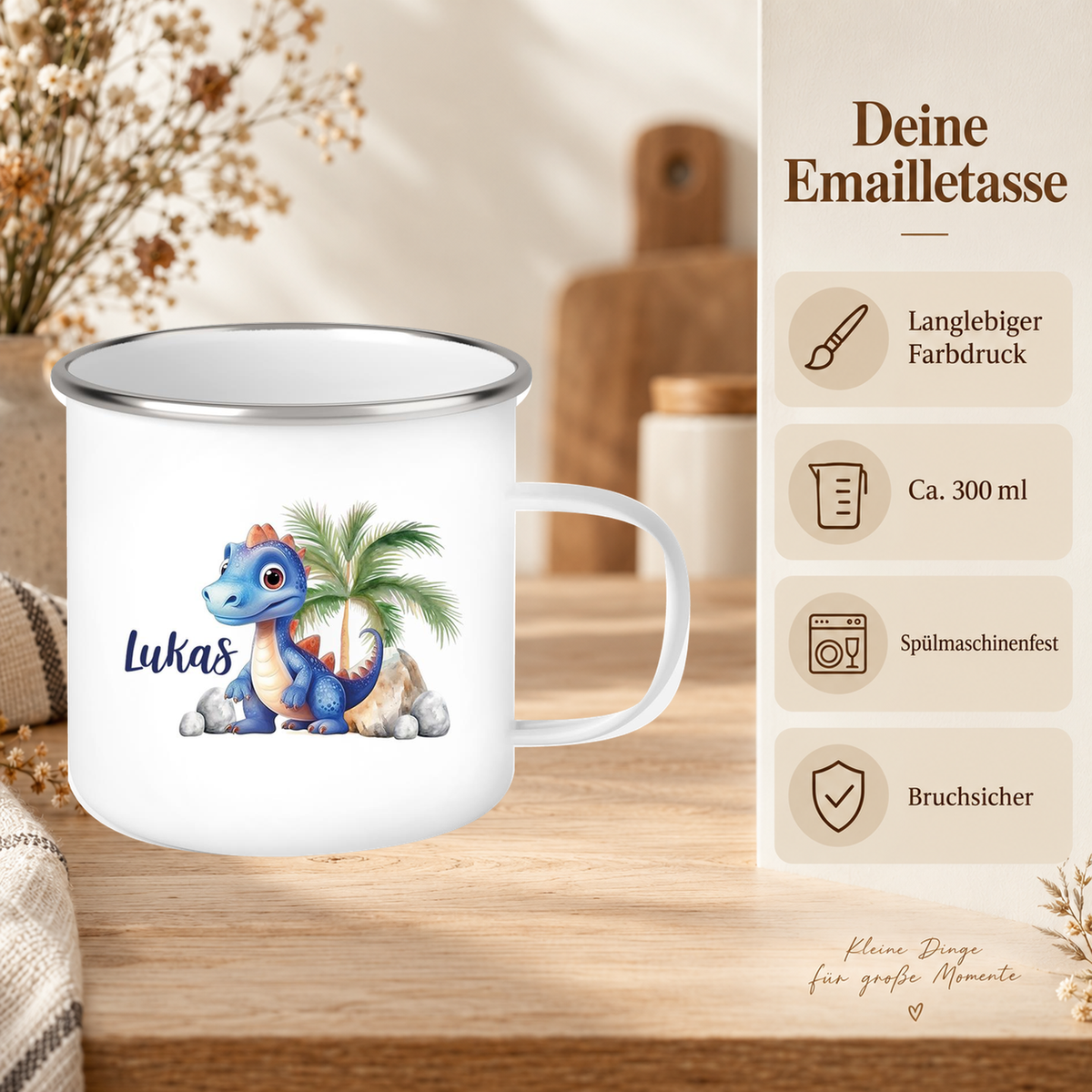 MUCKKI-PRO:05a2fd0f5b324de897dbd34abaa3da968836092b32feaed61c9104ed7764540d:Tasse Wunschname Dino 8 Emaille Kinderbecher