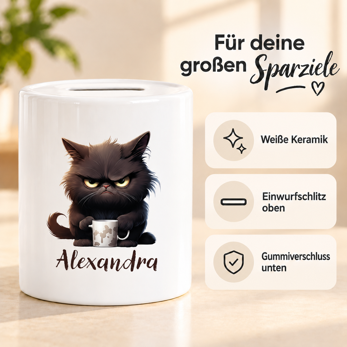 MUCKKI-PRO:51f6c9004be604b73d6f81f8069deba93f2fd7e0f39e140d6b312cab5eb48331:Spardose Katze Grumpy 1 Wunschname personalisiert