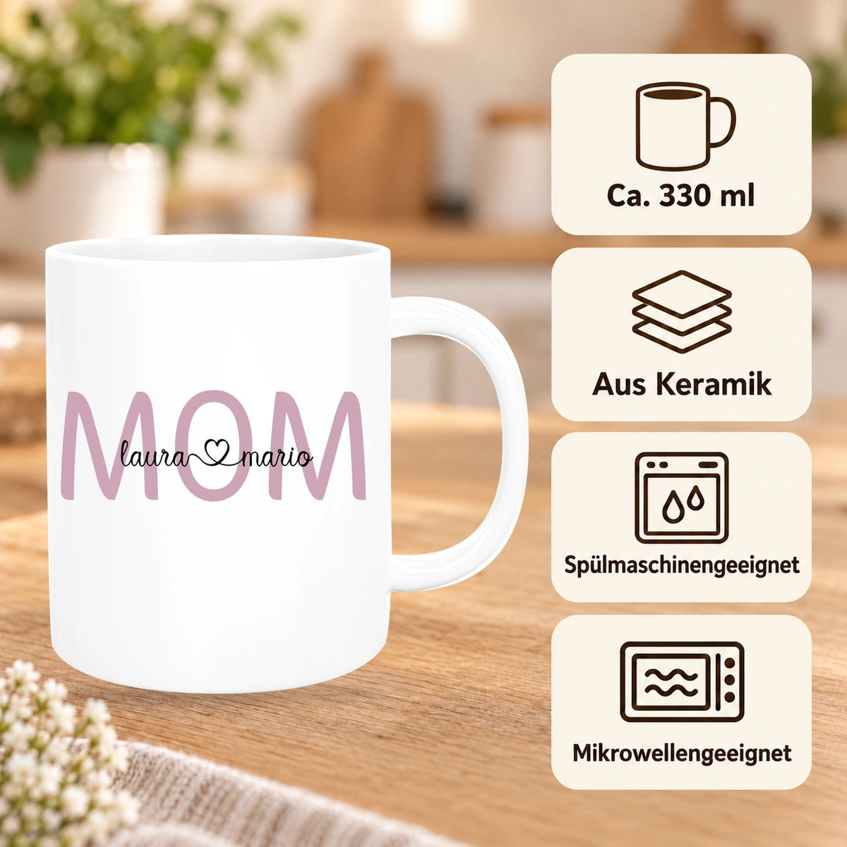 MUCKKI-PRO:5c414a7451397a1b50c7e65bca20bcae5c9aaf1e656c7345337cba4b4ff906c5:Tasse Muttertag 2 Wunschnamen Keramik Personalisiert versch. Farben