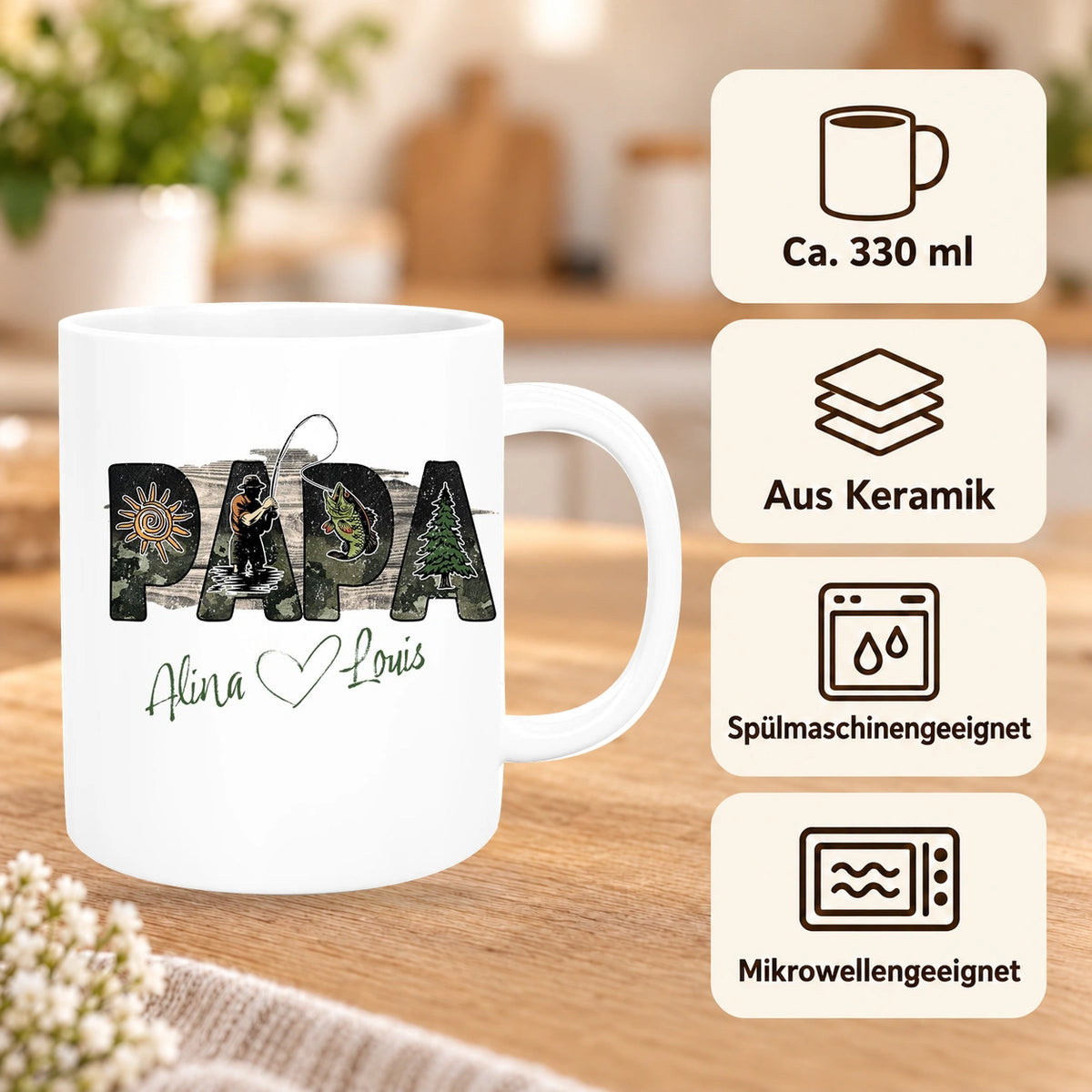 Tasse Vatertag 6 "Angler" Wunschnamen Keramik Personalisiert versch. Farben
