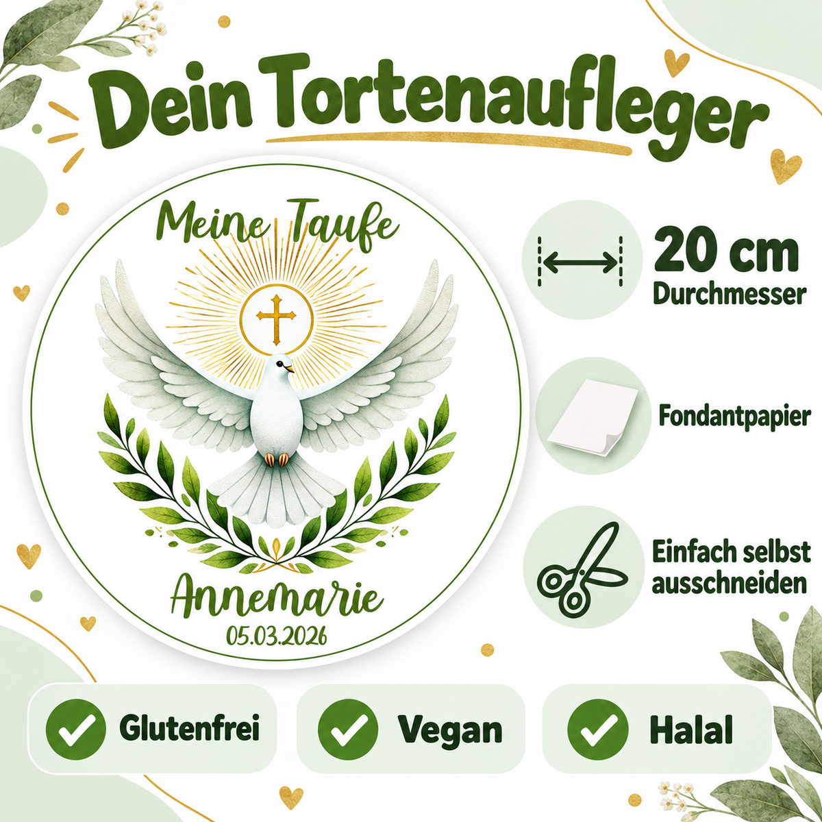 MUCKKI-PRO:9331b9906971238ebcd152327471a419e2aefeff701de8a1fcf30ad54b9be91d:Tortenaufleger Taufe Heiliger Geist 1 Name & Datum (20cm)
