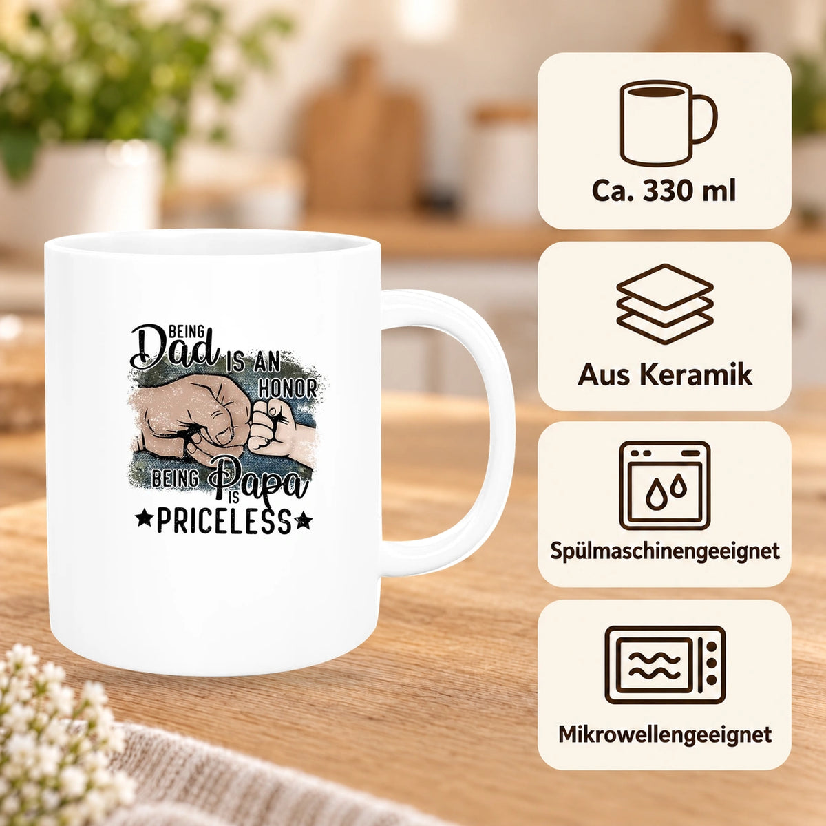 Tasse Vatertag 4 "Being Papa is Priceless" Keramik versch. Farben