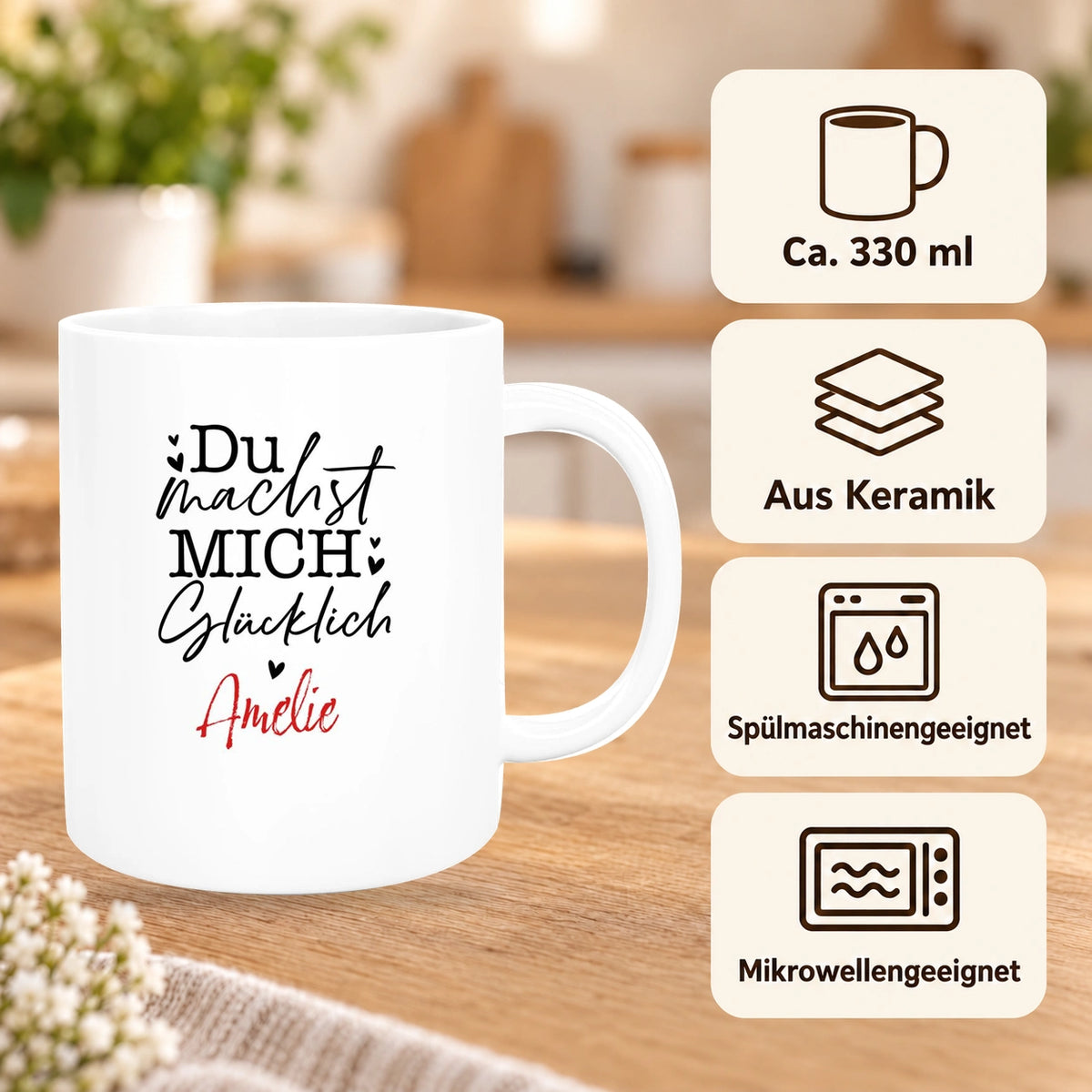 MUCKKI-PRO:62c3415d6f3d188a5cc5652403ca88e63513b7ddb1fba6ba73ae44c09d2a4817:Tasse Liebe - Spruch "Du machst mich glücklich" Valentinstag Wunschnamen Keramik personalisiert versch. Farben