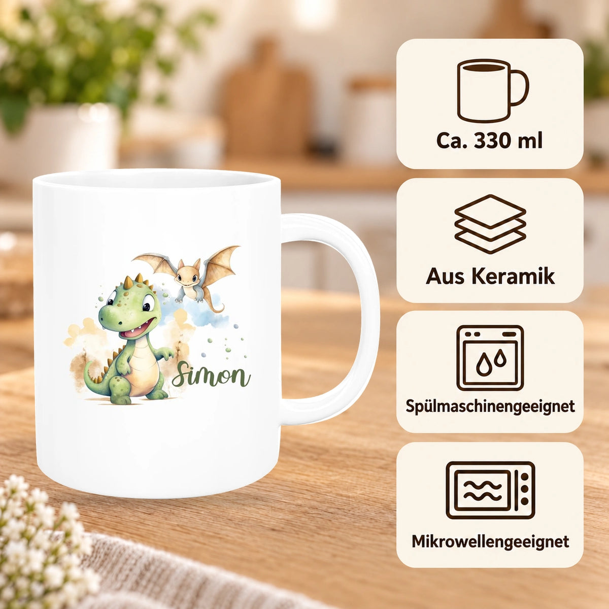 MUCKKI-PRO:06d5d620a42f1bf47702fb618c66948ebf7497335d93d65f696d6eede66812d3:Tasse Dino 6 Wunschname Keramik Kinderbecher Personalisiert versch. Farben