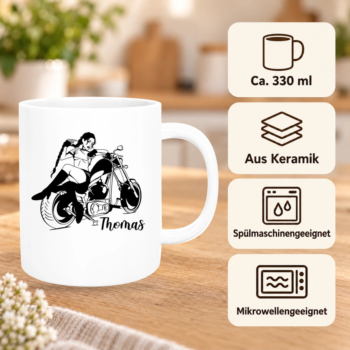 MUCKKI-PRO:319dd49d3ee456afa892699ad1f6413ab66763d5eac32ceb2d91333f227a3895:Tasse Bike 01, Biker Girl, Motorrad Keramik personalisiert versch. Farben