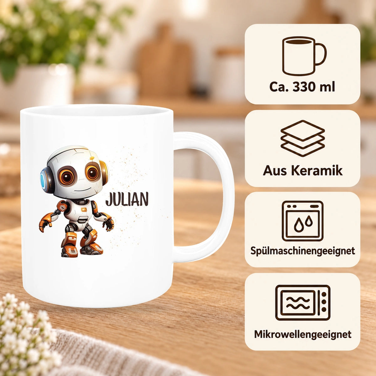Tasse Wunschname Roboter 3 Keramik Kinderbecher versch. Farben