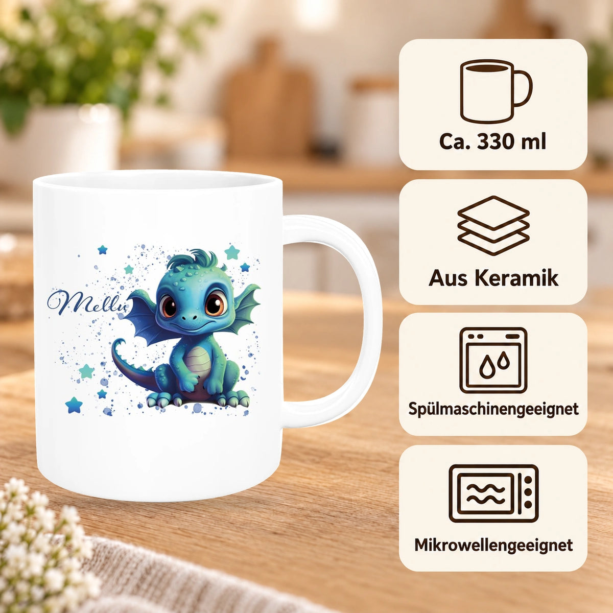 Tasse Wunschname Drache 2 Keramik Kinderbecher versch. Farben