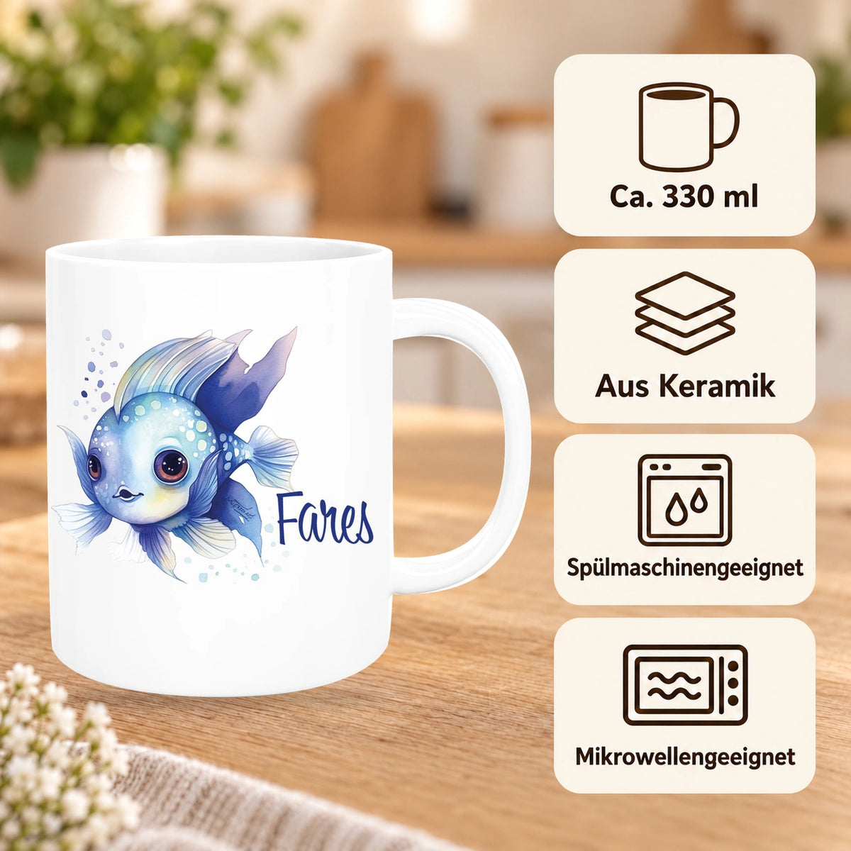 MUCKKI-PRO:f04b47780dec9585e14aff311211f952f10bc6d9baaac6624fc8774715d318a3:Tasse Wunschname Meerestiere-Fisch 2 Keramik Kinderbecher versch. Farben