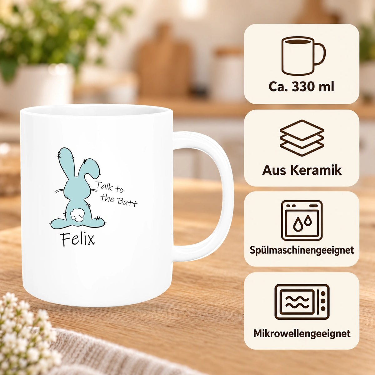 Tasse Ostern - Hase Talk to the Butt 2 Wunschnamen Keramik personalisiert versch. Farben