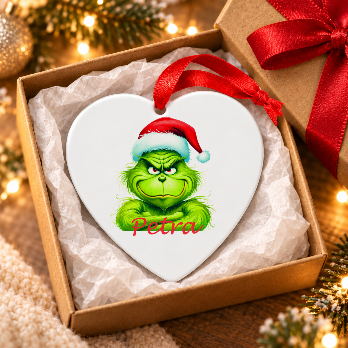 Weihnachtsanhänger personalisiert Grinch 2 mit Wunschnamen – Rund, Stern, Herz oder Glocke