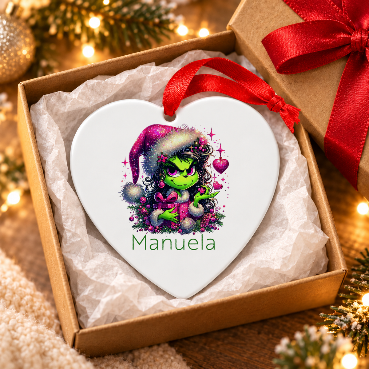 MUCKKI-PRO:609a5860f1199b2447dd15e351cc10a9522febd00eae3627b36da8ee0848d0fe:Weihnachtsanhänger personalisiert Lady-Grinch 2 mit Wunschnamen – Rund, Stern, Herz oder Glocke