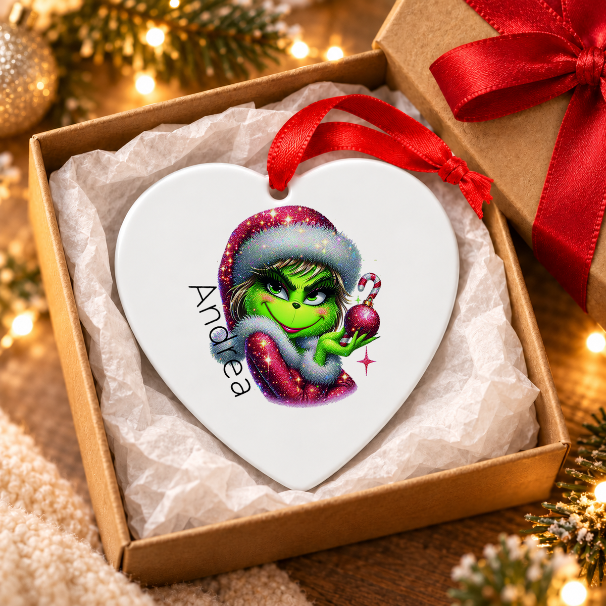 Weihnachtsanhänger personalisiert Lady-Grinch 3 mit Wunschnamen – Rund, Stern, Herz oder Glocke