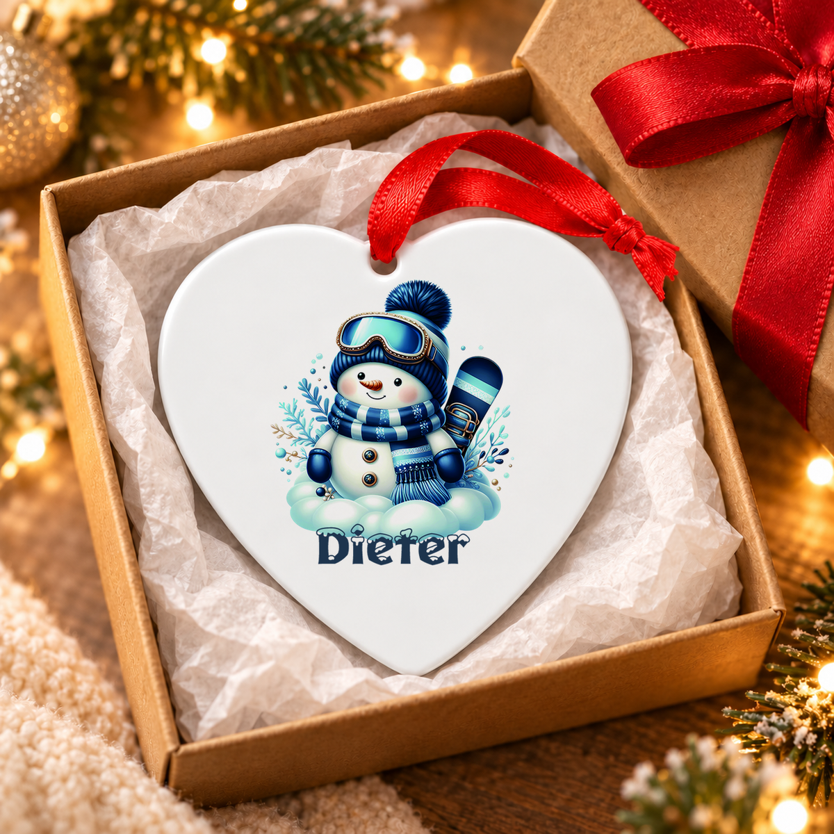 Weihnachtsanhänger personalisiert Schneemann 6 mit Wunschnamen – Rund, Stern, Herz oder Glocke