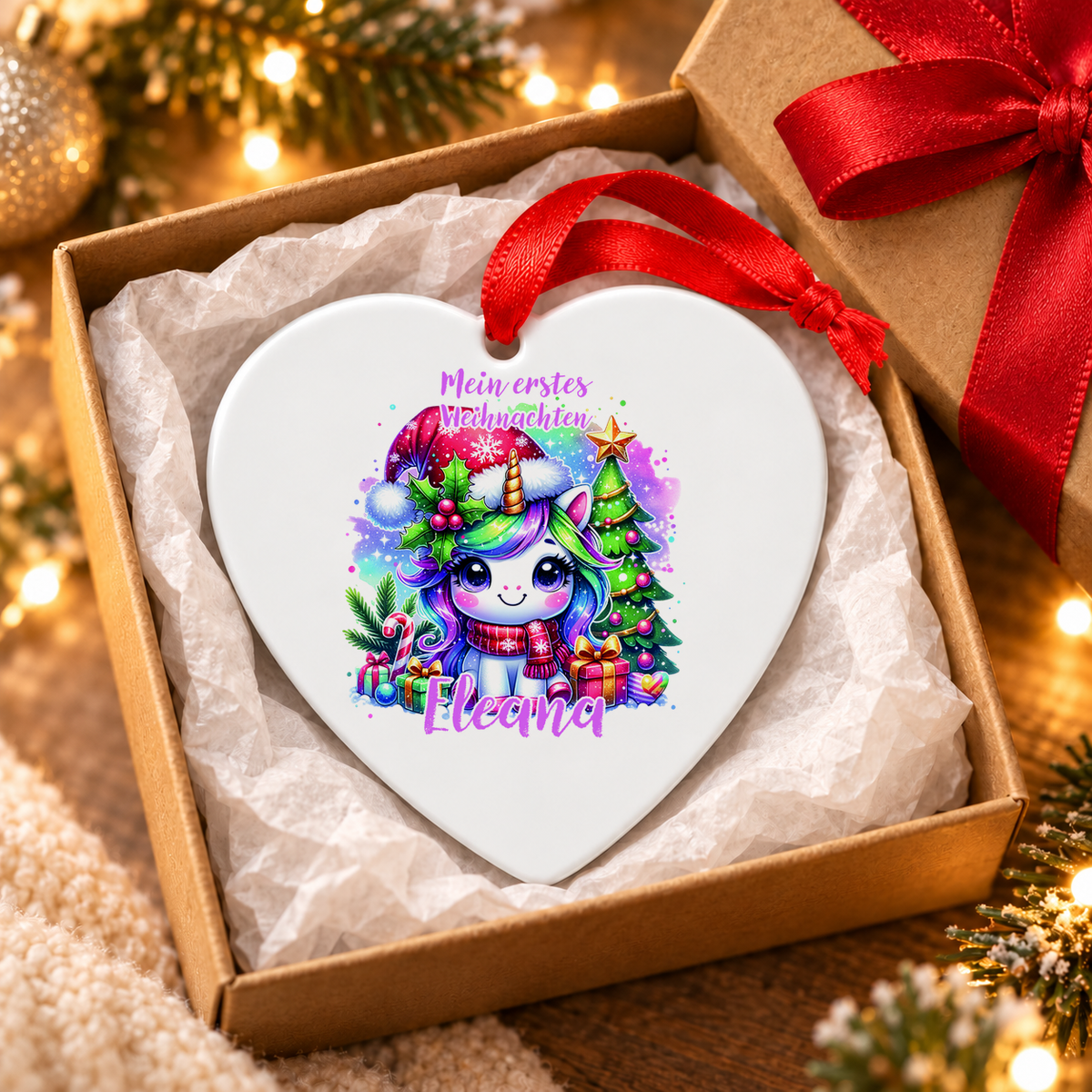 Weihnachtsanhänger personalisiert Einhorn 2 – mein erstes Weihnachten mit Wunschnamen – Rund, Stern, Herz oder Glocke