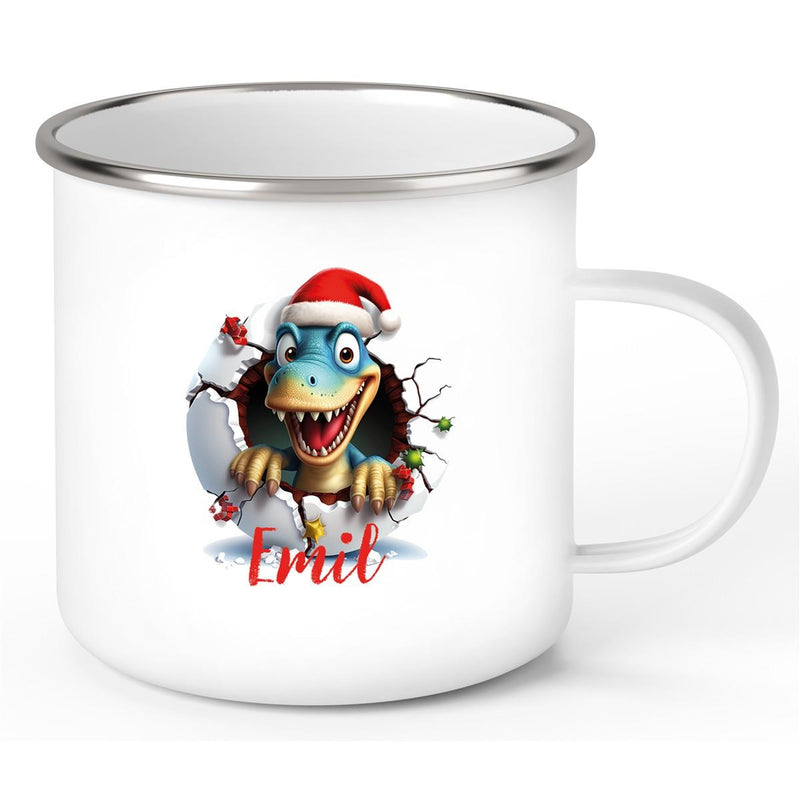 Tasse Wunschname Christmas Dino 2 Emaille Kinderbecher