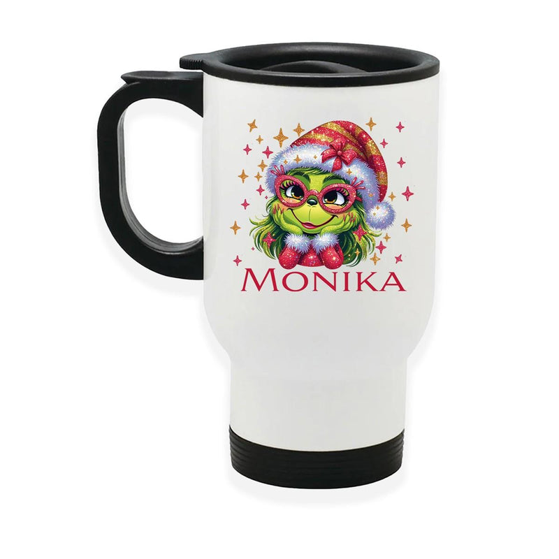 Edelstahl-Thermobecher mit Deckel Weihnachten Lady-Grinch 1 personalisiert weiß