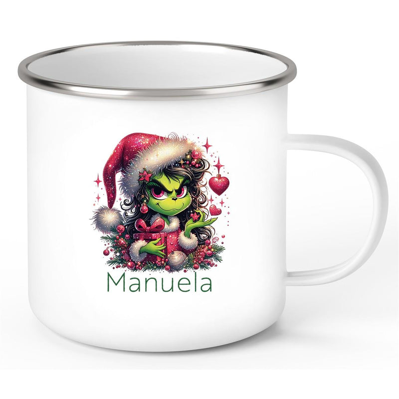 Tasse Wunschname Weihnachten Lady-Grinch 2 Emaille Kinderbecher