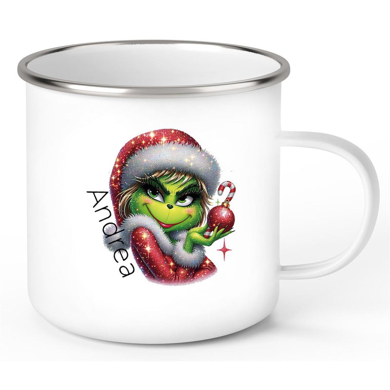 Tasse Wunschname Weihnachten Lady-Grinch 3 Emaille Kinderbecher