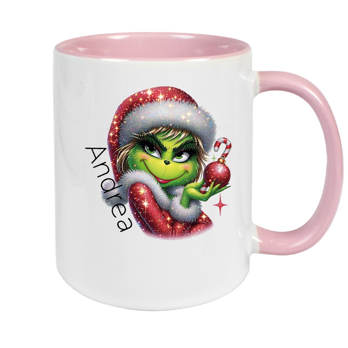 Tasse Wunschname Weihnachten Lady-Grinch 3 Keramik Kinderbecher versch. Farben