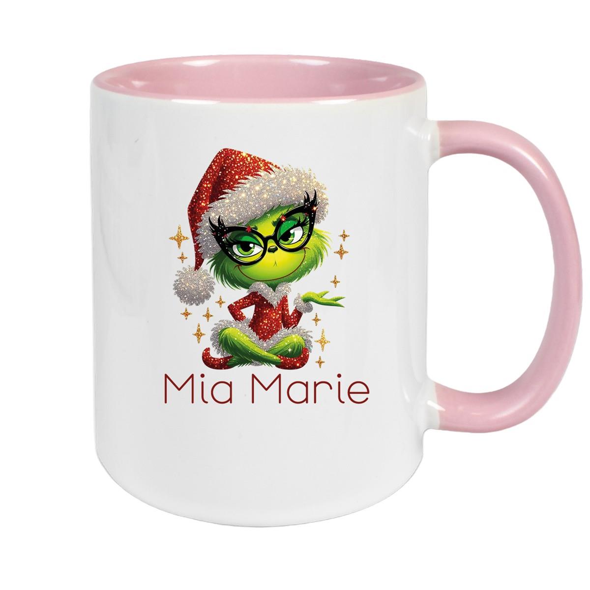 Tasse Wunschname Weihnachten Lady-Grinch 4 Keramik Kinderbecher versch. Farben