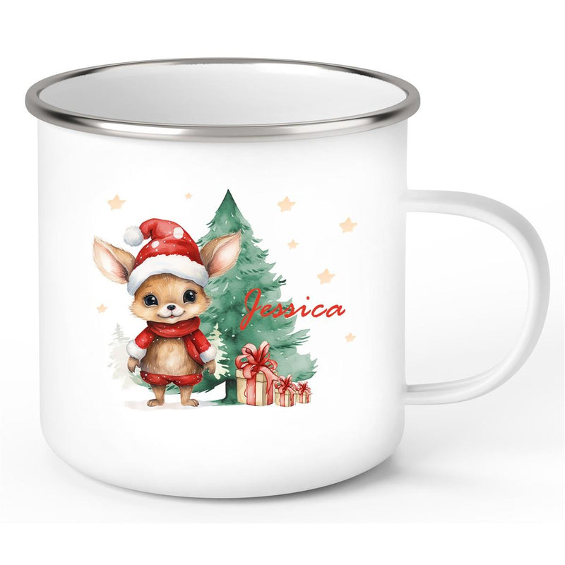 Tasse Wunschname Weihnachten Rehlein-Tannenbaum Emaille Kinderbecher