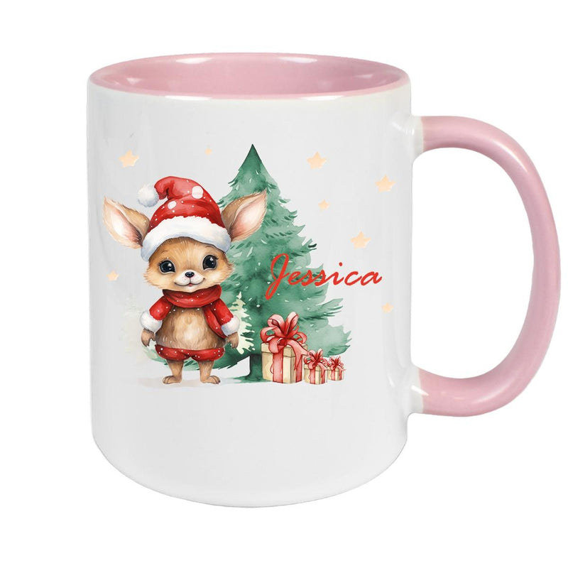 Tasse Wunschname Weihnachten Rehlein-Tannenbaum Keramik Kinderbecher versch. Farben