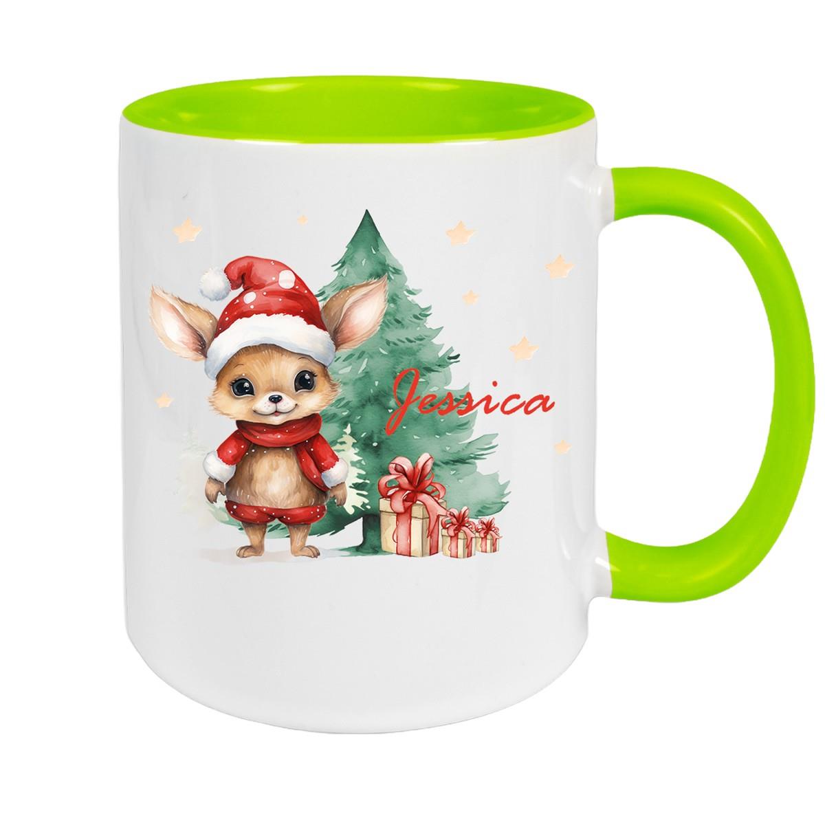 Tasse Wunschname Weihnachten Rehlein-Tannenbaum Keramik Kinderbecher versch. Farben