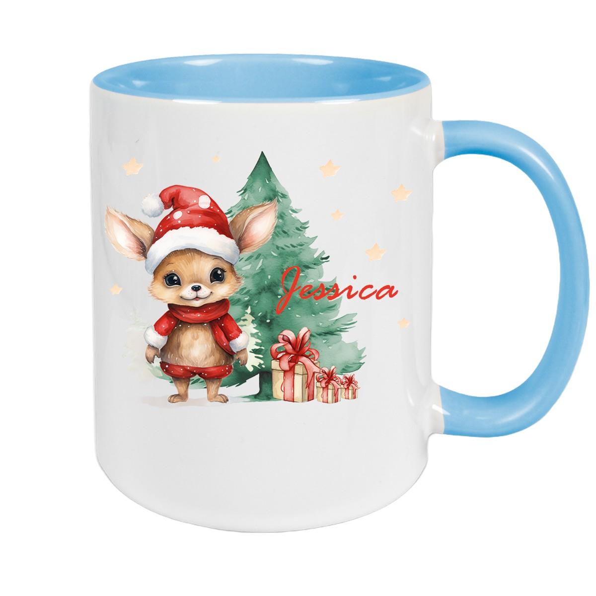 Tasse Wunschname Weihnachten Rehlein-Tannenbaum Keramik Kinderbecher versch. Farben