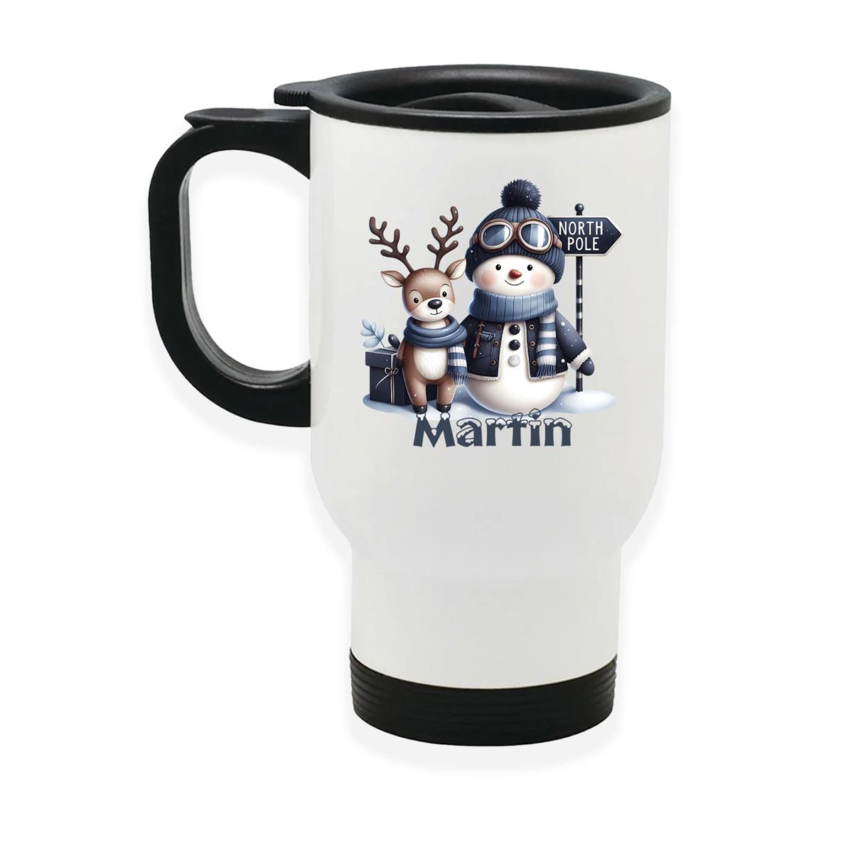 Edelstahl-Thermobecher mit Deckel Weihnachten Schneemann 5 personalisiert weiß