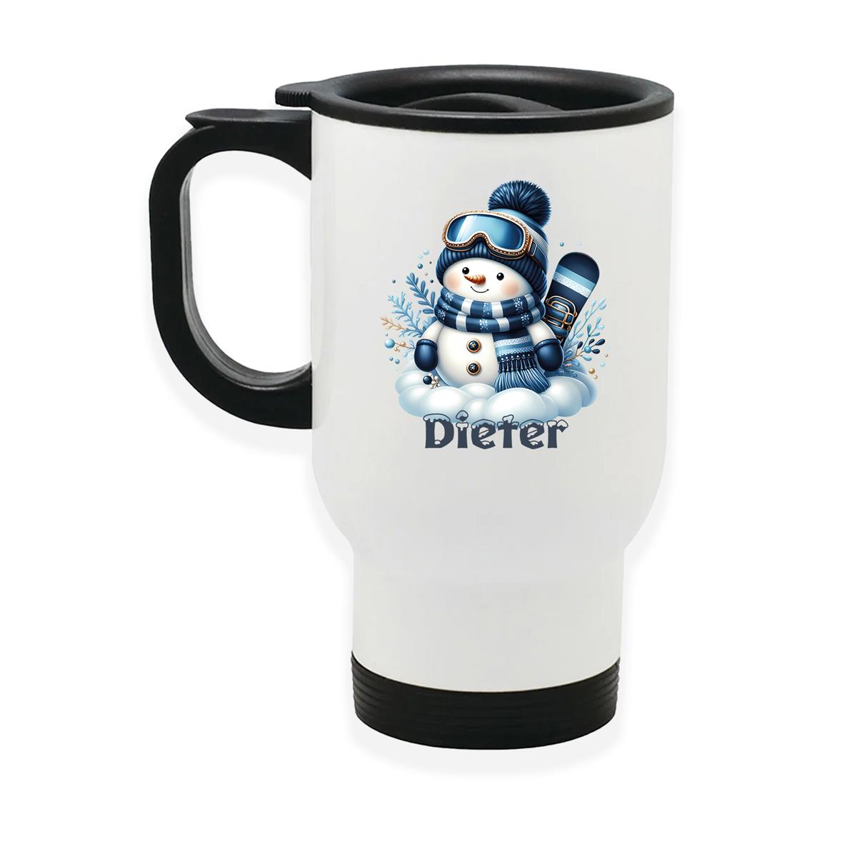 Edelstahl-Thermobecher mit Deckel Weihnachten Schneemann 6 personalisiert weiß