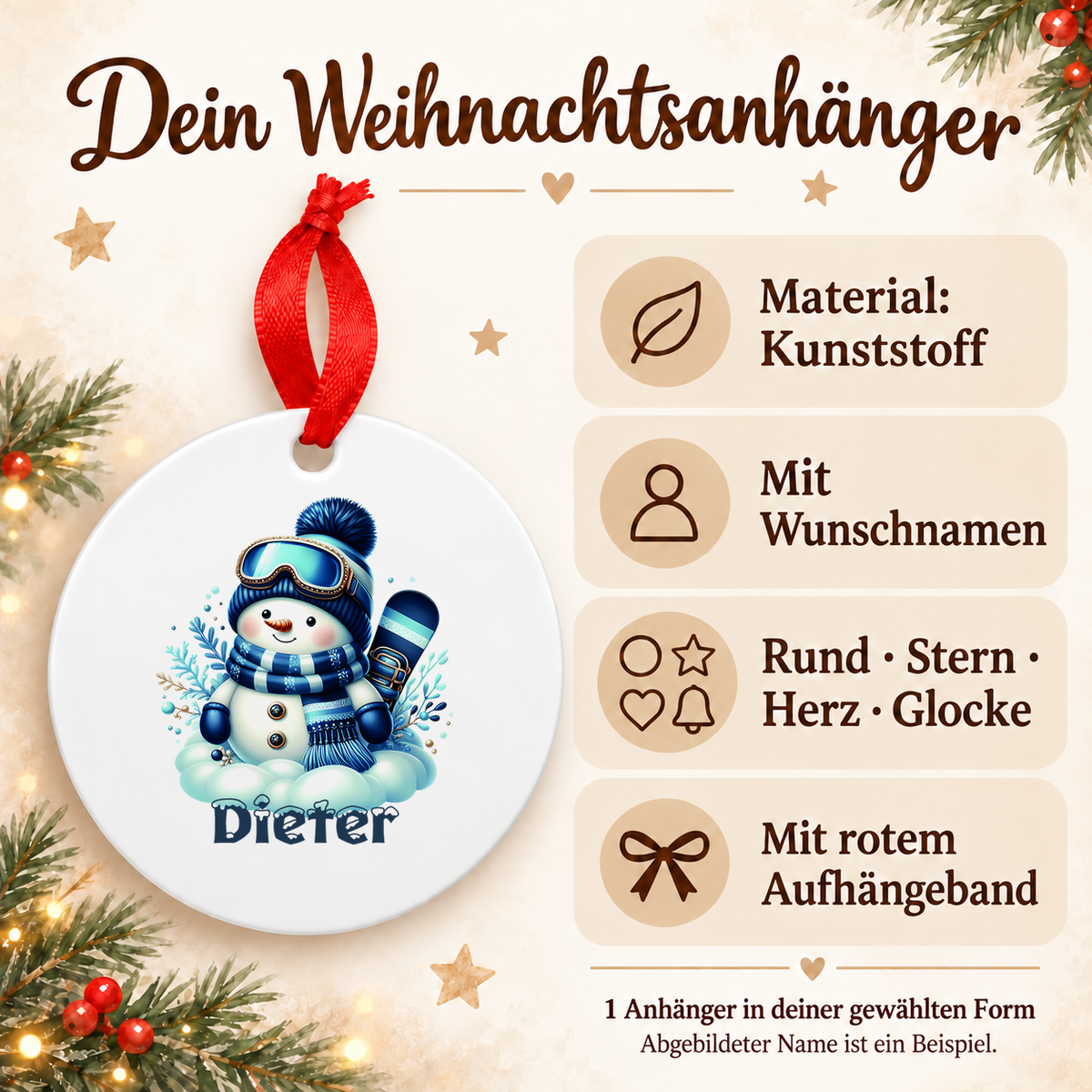 Weihnachtsanhänger personalisiert Schneemann 6 mit Wunschnamen – Rund, Stern, Herz oder Glocke