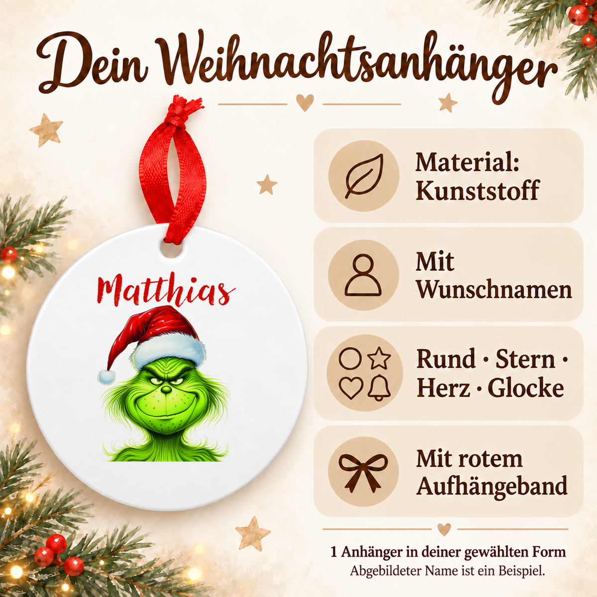 Weihnachtsanhänger personalisiert Grinch 3 mit Wunschnamen – Rund, Stern, Herz oder Glocke