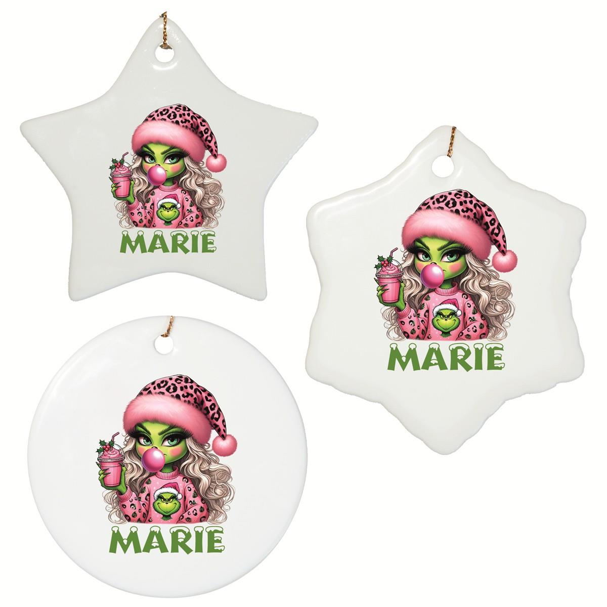 Christmas Ornament Personalized Lady Grinch 5 Name Design Ornament Ceramic, Christmas Decoration, Christmas Bauble, Christmas Tree Ornament, various shapes