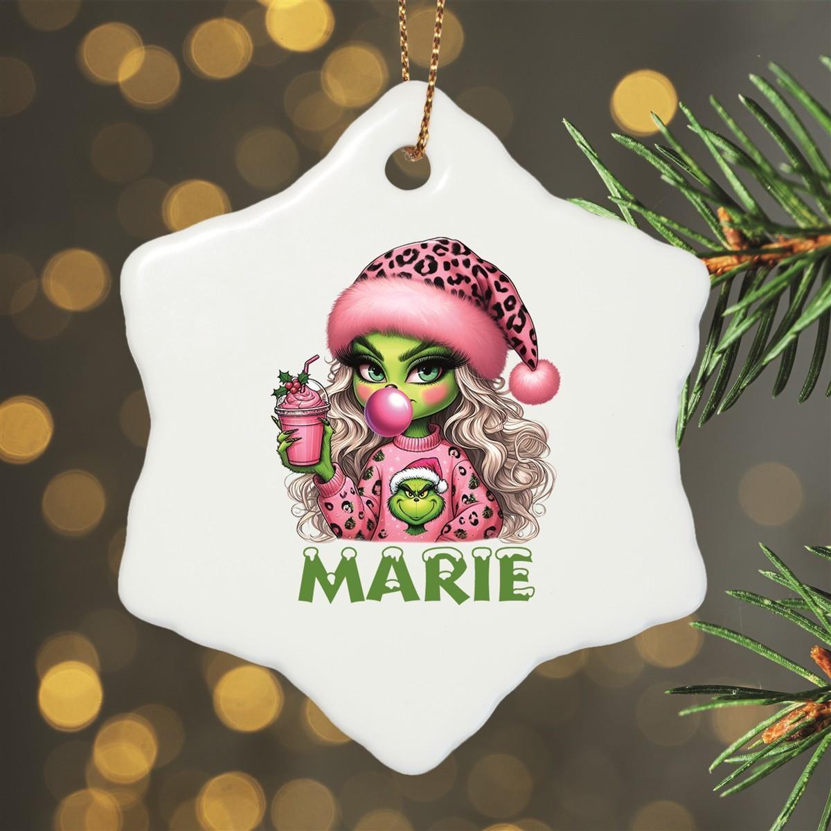 Christmas Ornament Personalized Lady Grinch 5 Name Design Ornament Ceramic, Christmas Decoration, Christmas Bauble, Christmas Tree Ornament, various shapes