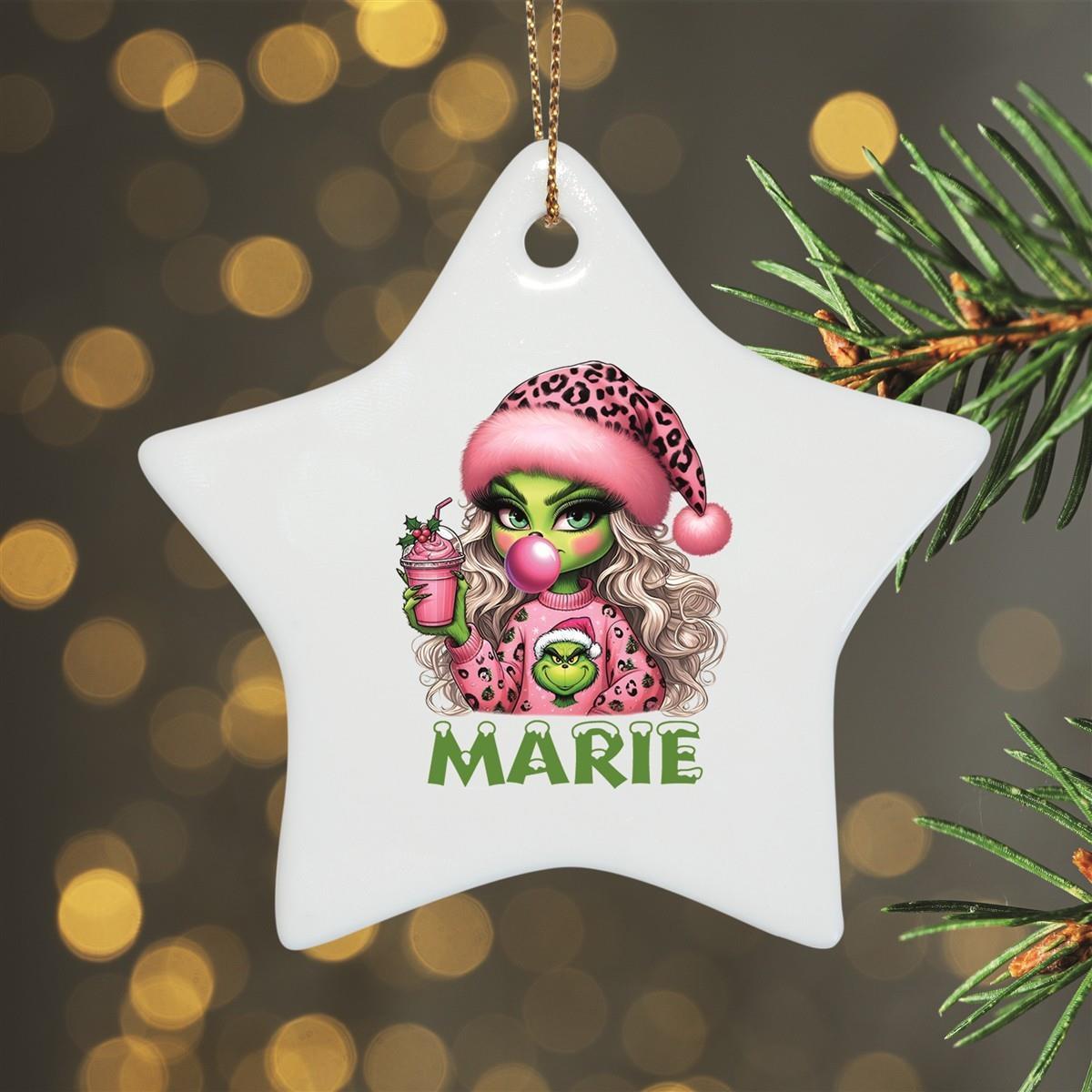 Christmas Ornament Personalized Lady Grinch 5 Name Design Ornament Ceramic, Christmas Decoration, Christmas Bauble, Christmas Tree Ornament, various shapes