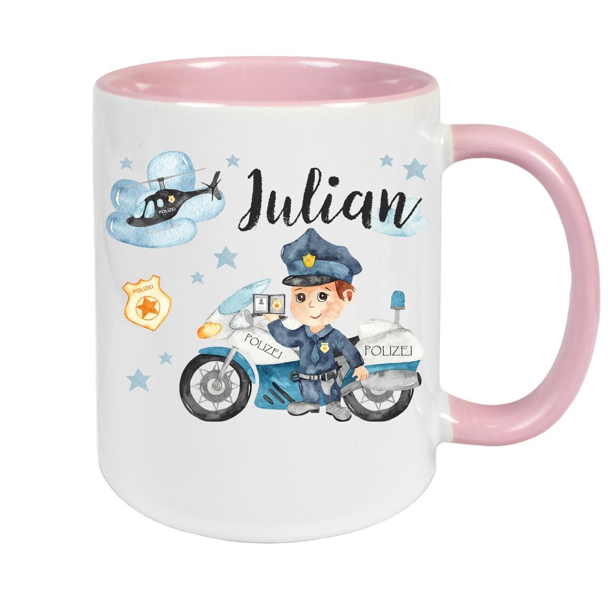 Tasse Polizei 2 Wunschname Keramik Kinderbecher personalisiert versch. Farben