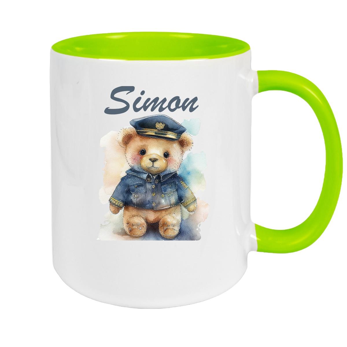 Tasse Polizei Teddy 1 Wunschname Keramik Kinderbecher personalisiert versch. Farben