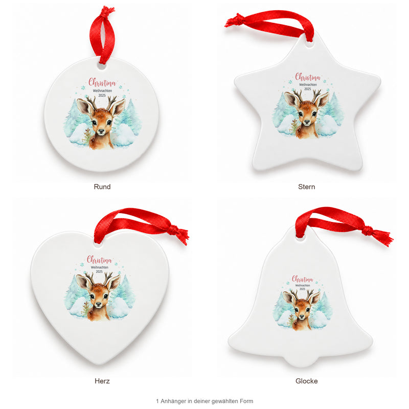 Weihnachtsanhänger personalisiert Rentier Kind mit Wunschnamen – Rund, Stern, Herz oder Glocke