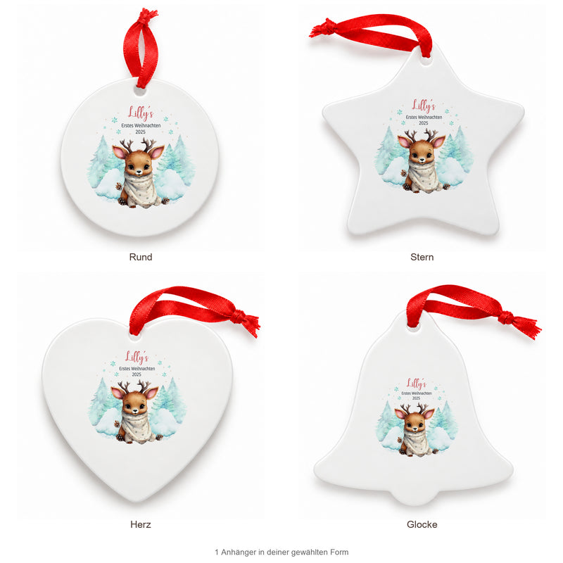 Weihnachtsanhänger personalisiert Rentier Baby mit Wunschnamen – Rund, Stern, Herz oder Glocke