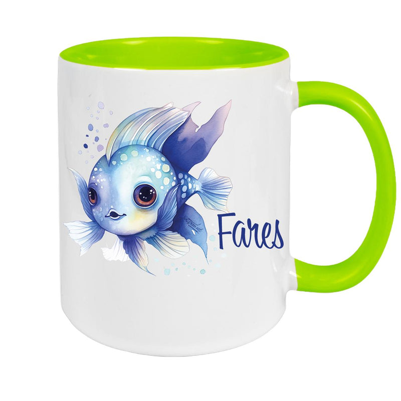 Tasse Wunschname Meerestiere-Fisch 2 Keramik Kinderbecher versch. Farben
