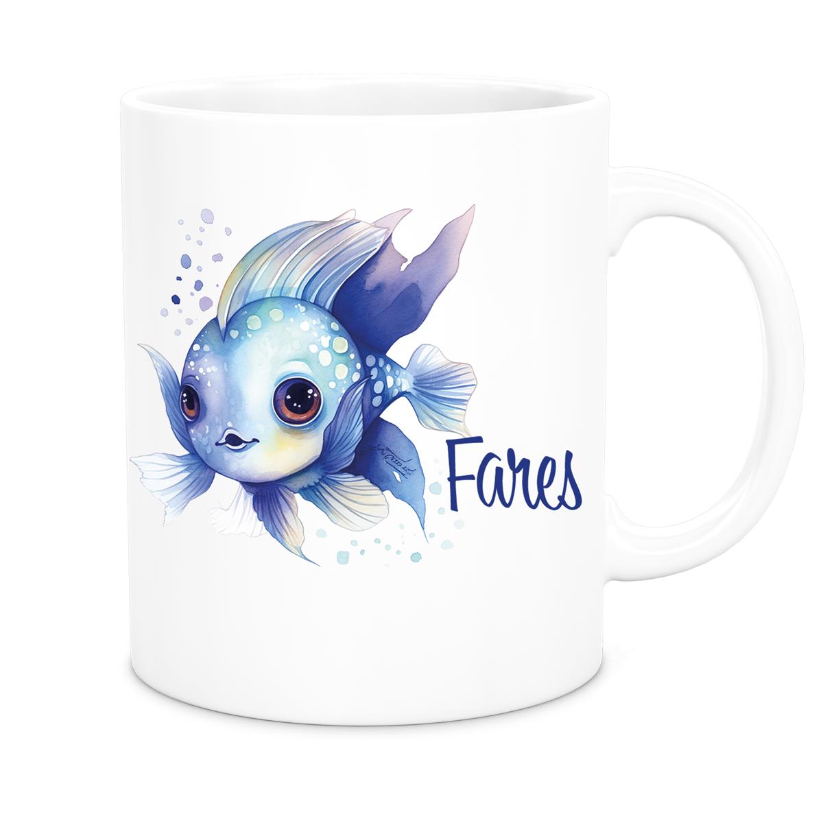 Tasse Wunschname Meerestiere-Fisch 2 Keramik Kinderbecher versch. Farben