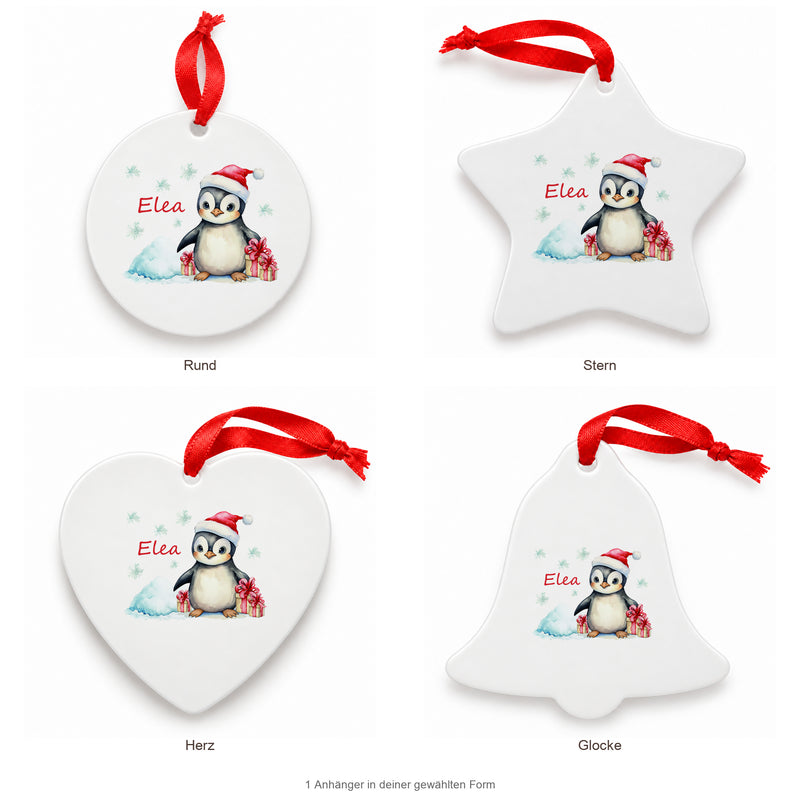 Weihnachtsanhänger personalisiert Pinguin – mein erstes Weihnachten mit Wunschnamen – Rund, Stern, Herz oder Glocke