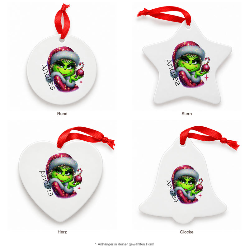 Weihnachtsanhänger personalisiert Lady-Grinch 3 mit Wunschnamen – Rund, Stern, Herz oder Glocke