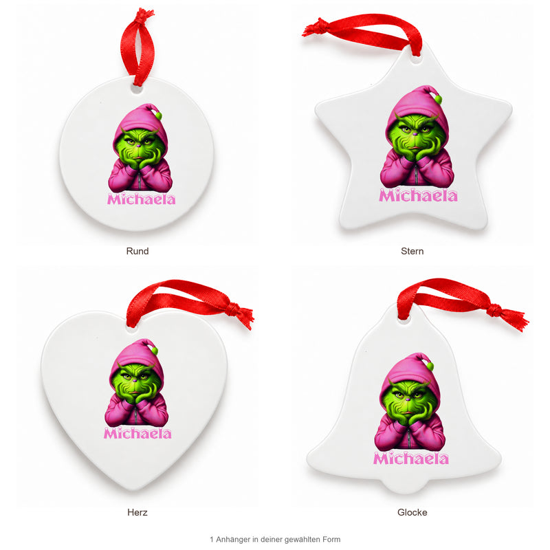 Weihnachtsanhänger personalisiert Grinch 10 mit Wunschnamen – Rund, Stern, Herz oder Glocke
