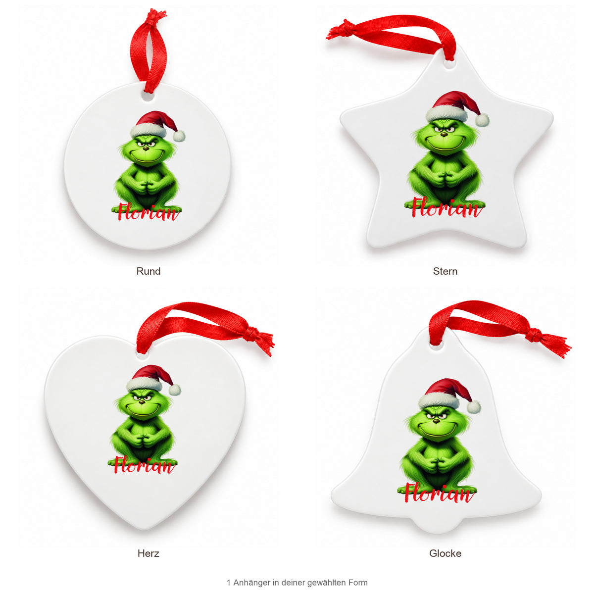 MUCKKI-PRO:09f0232ff411d67fbdb3107f4f4a2ea06ec7f8c749102ee45cd0ea2aafebf30b:Weihnachtsanhänger personalisiert Grinch 5 mit Wunschnamen – Rund, Stern, Herz oder Glocke