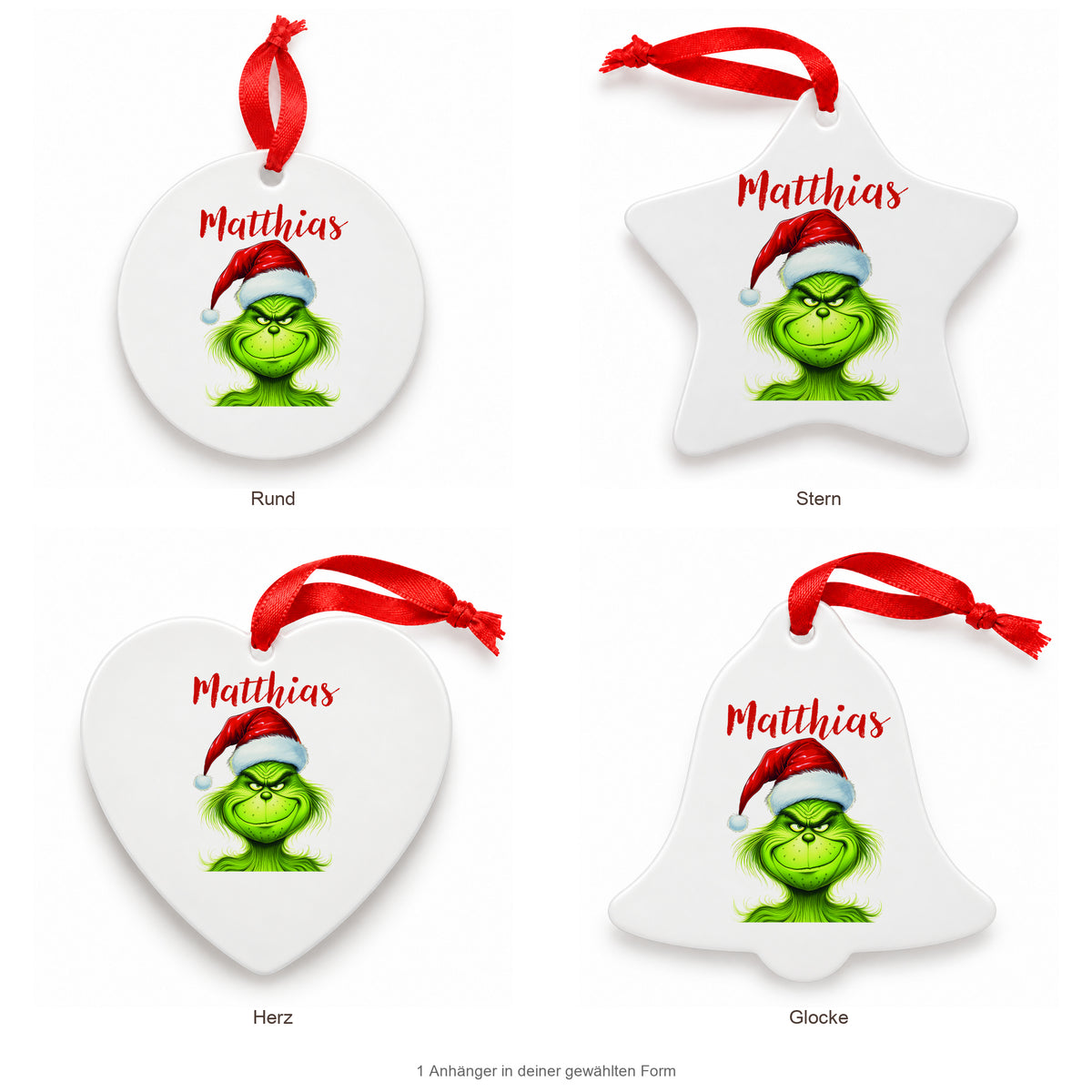 Weihnachtsanhänger personalisiert Grinch 3 mit Wunschnamen – Rund, Stern, Herz oder Glocke